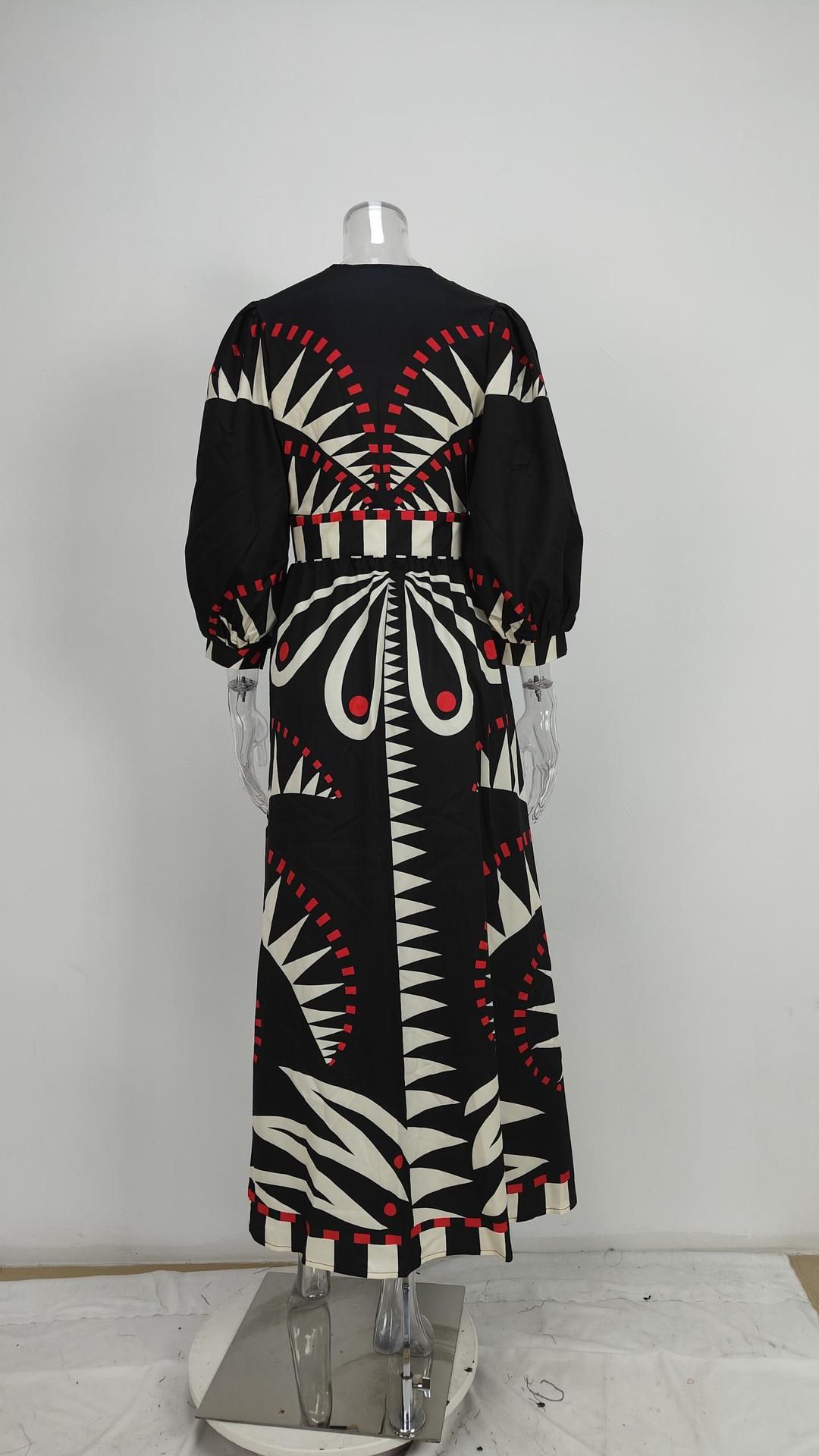 Women's Retro Geometric Print Maxi Dress - V Neck Lantern Sleeve High Waist Button Down Dress (S-3XL)