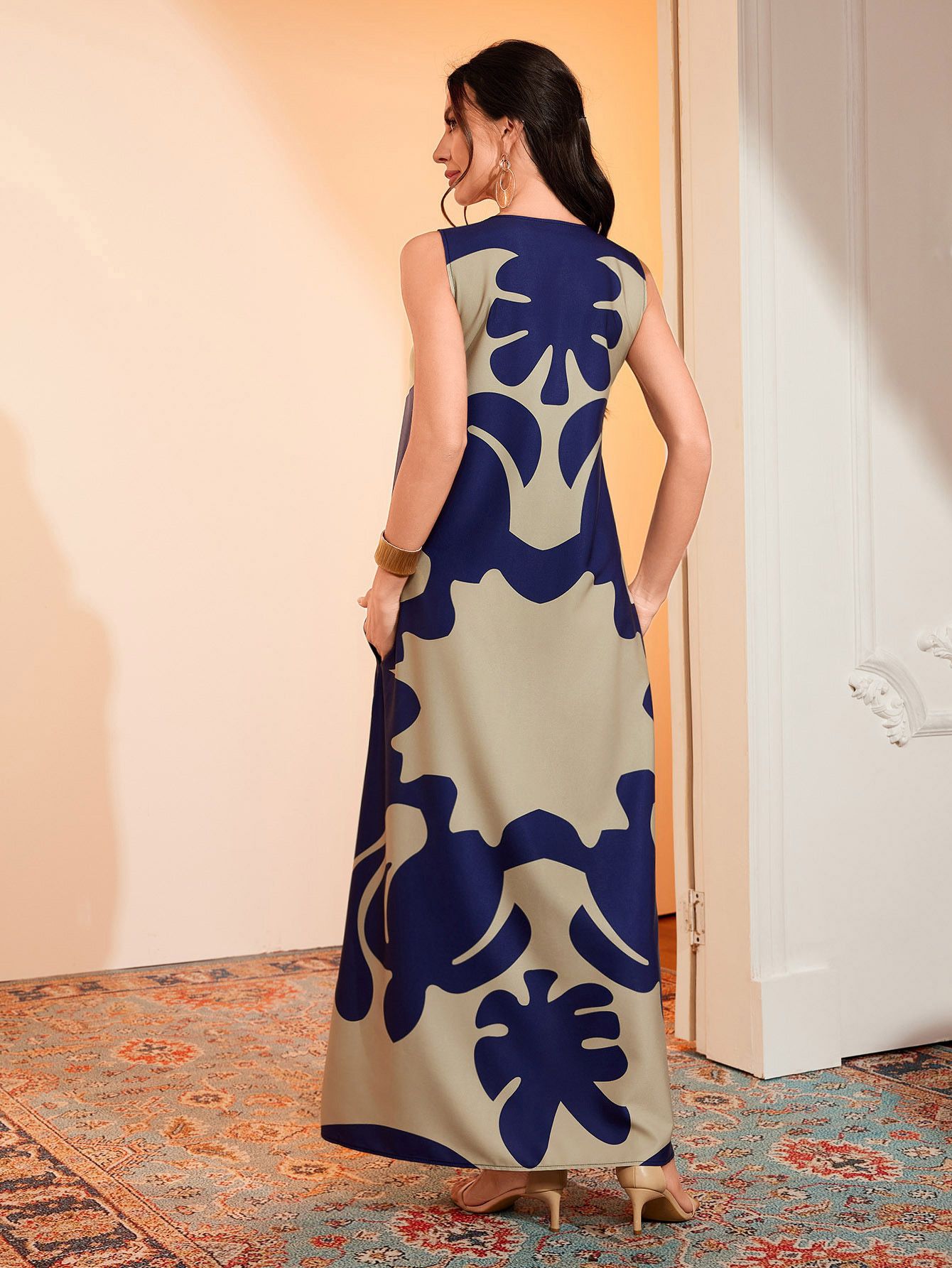 Women's Bohemian Floral Print Maxi Dress V Neck Sleeveless Loose Casual Summer Dress S-5XL