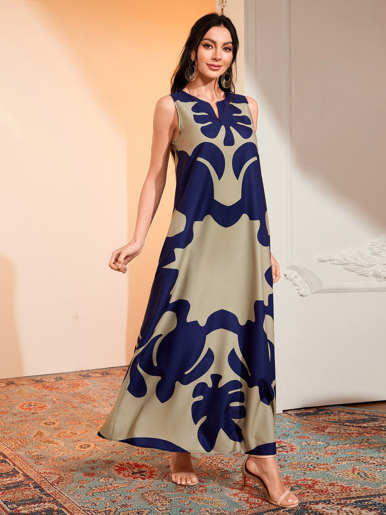 Women's Bohemian Floral Print Maxi Dress V Neck Sleeveless Loose Casual Summer Dress S-5XL