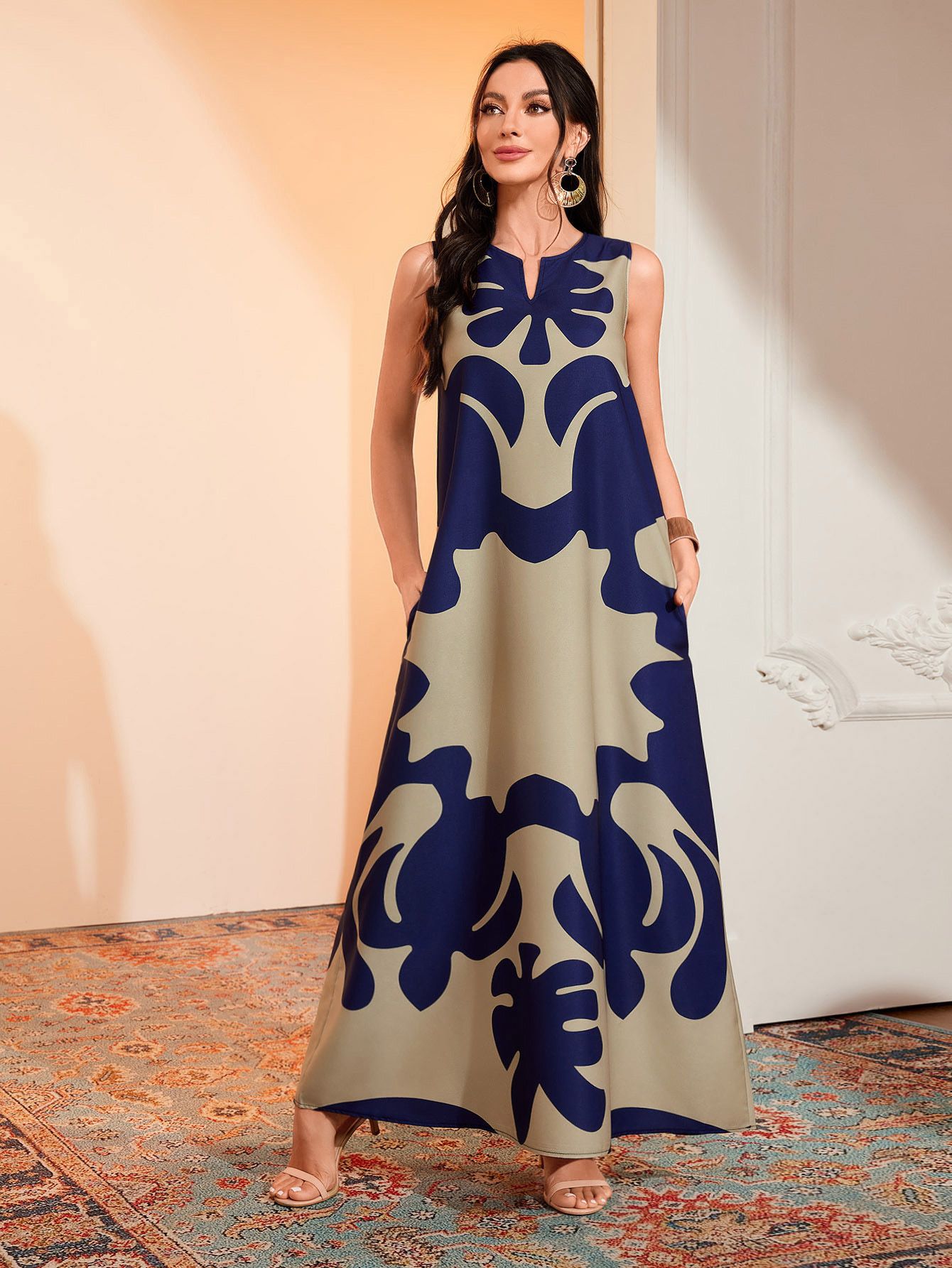 Women's Bohemian Floral Print Maxi Dress V Neck Sleeveless Loose Casual Summer Dress S-5XL