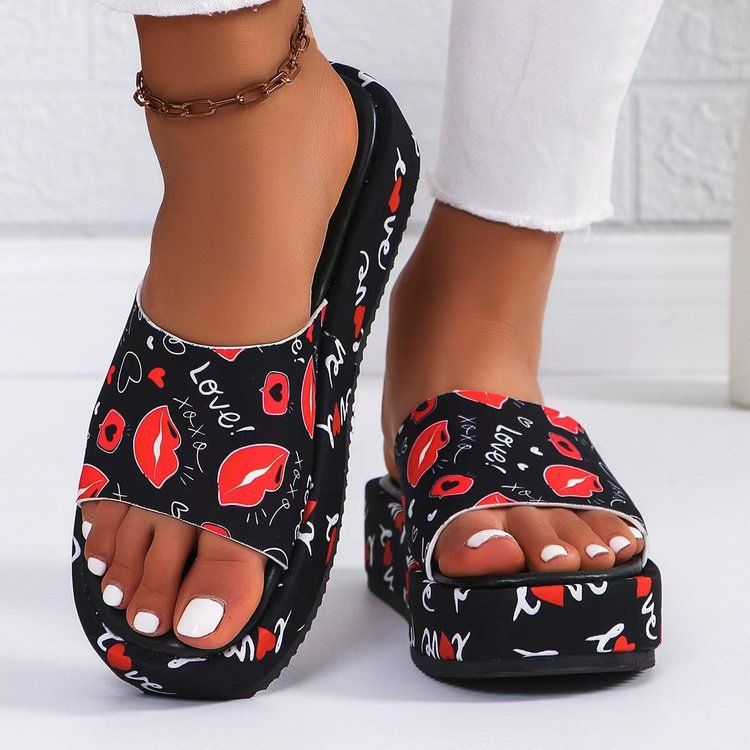 Women's Sunflower Print Platform Slides, Casual Thick Sole Open Toe Flip Flops, Summer Outdoor Beach Slippers for Ladies