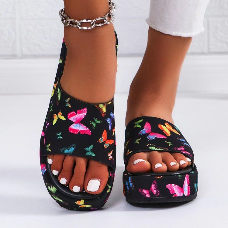 Women's Sunflower Print Platform Slides, Casual Thick Sole Open Toe Flip Flops, Summer Outdoor Beach Slippers for Ladies
