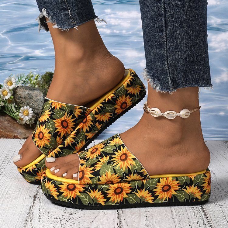Women's Sunflower Print Platform Slides, Casual Thick Sole Open Toe Flip Flops, Summer Outdoor Beach Slippers for Ladies