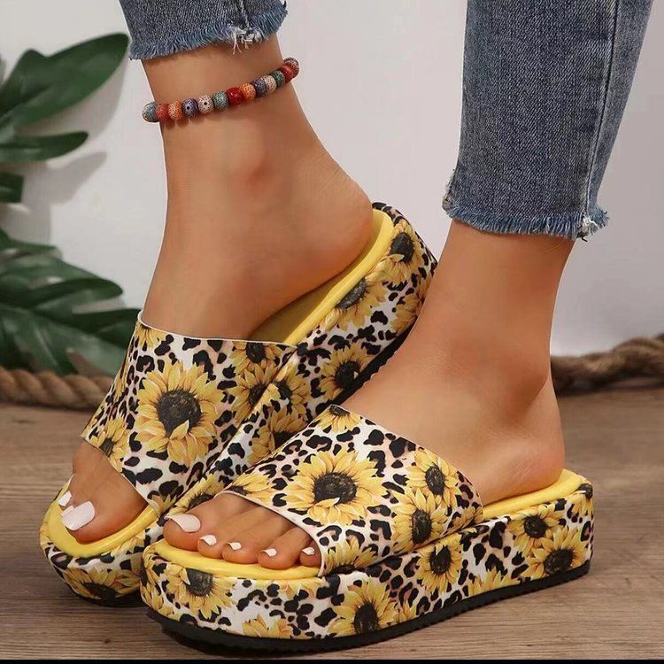 Women's Sunflower Print Platform Slides, Casual Thick Sole Open Toe Flip Flops, Summer Outdoor Beach Slippers for Ladies