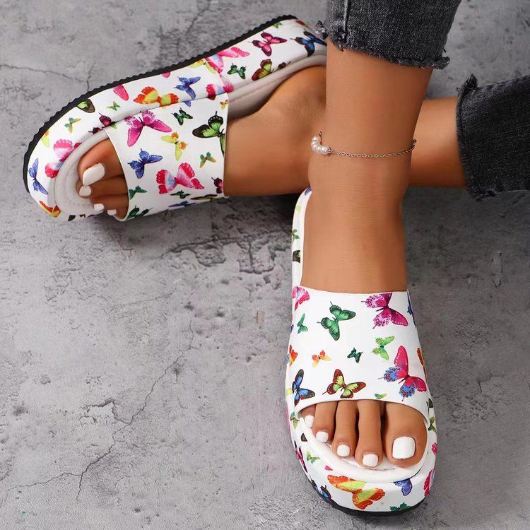 Women's Sunflower Print Platform Slides, Casual Thick Sole Open Toe Flip Flops, Summer Outdoor Beach Slippers for Ladies