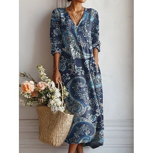 African Women's Vintage Floral Print Maxi Dress V Neck Long Sleeve Loose Casual Kente Dress for Spring