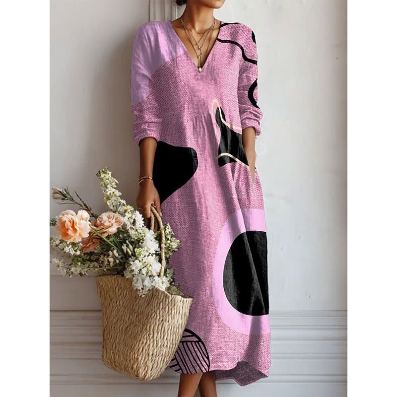 African Women's Vintage Floral Print Maxi Dress V Neck Long Sleeve Loose Casual Kente Dress for Spring