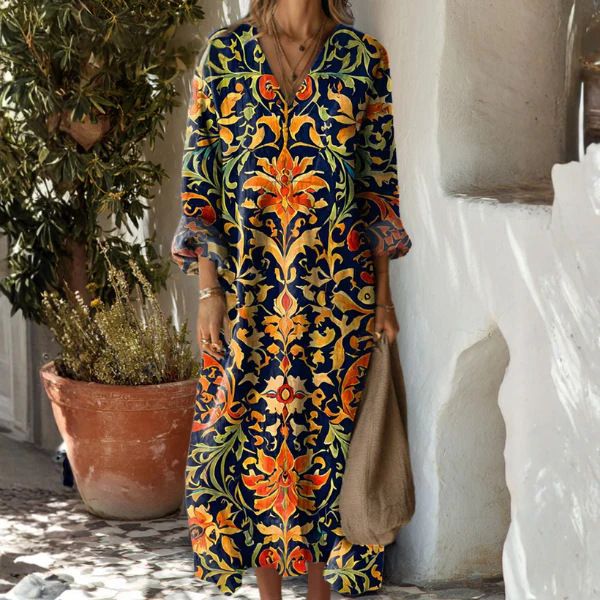 African Women's Vintage Floral Print Maxi Dress V Neck Long Sleeve Loose Casual Kente Dress for Spring