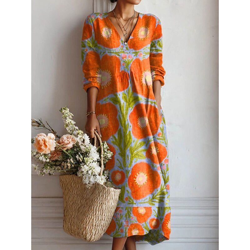African Women's Vintage Floral Print Maxi Dress V Neck Long Sleeve Loose Casual Kente Dress for Spring