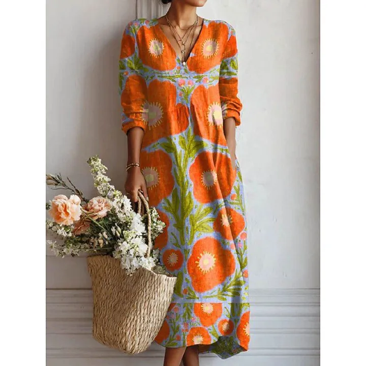 African Women's Vintage Floral Print Maxi Dress V Neck Long Sleeve Loose Casual Kente Dress for Spring