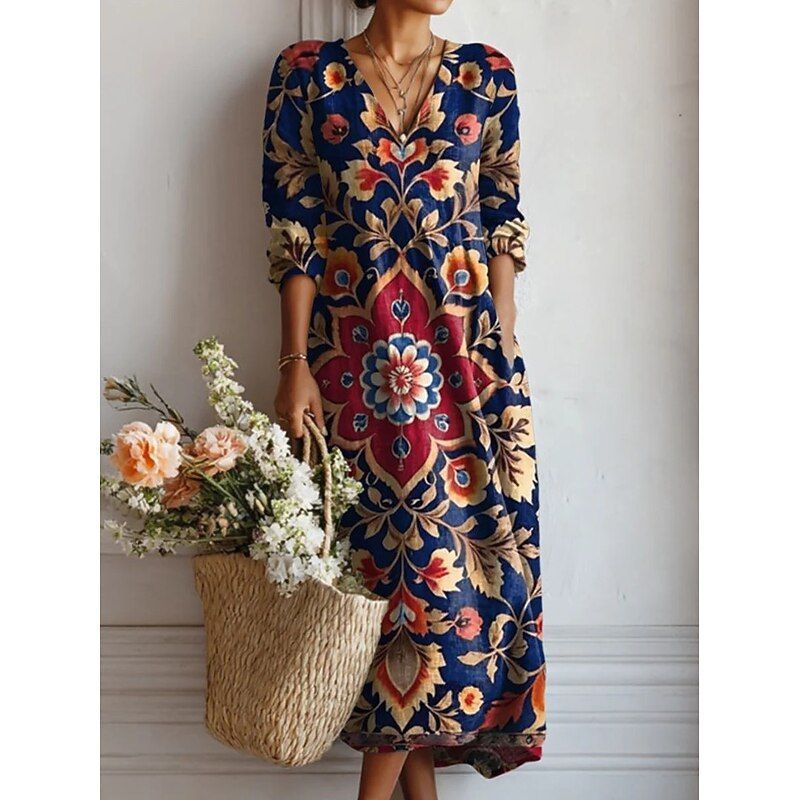 African Women's Vintage Floral Print Maxi Dress V Neck Long Sleeve Loose Casual Kente Dress for Spring
