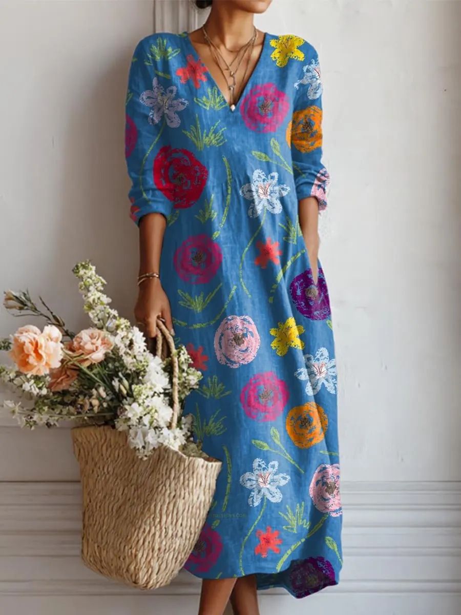 African Women's Vintage Floral Print Maxi Dress V Neck Long Sleeve Loose Casual Kente Dress for Spring