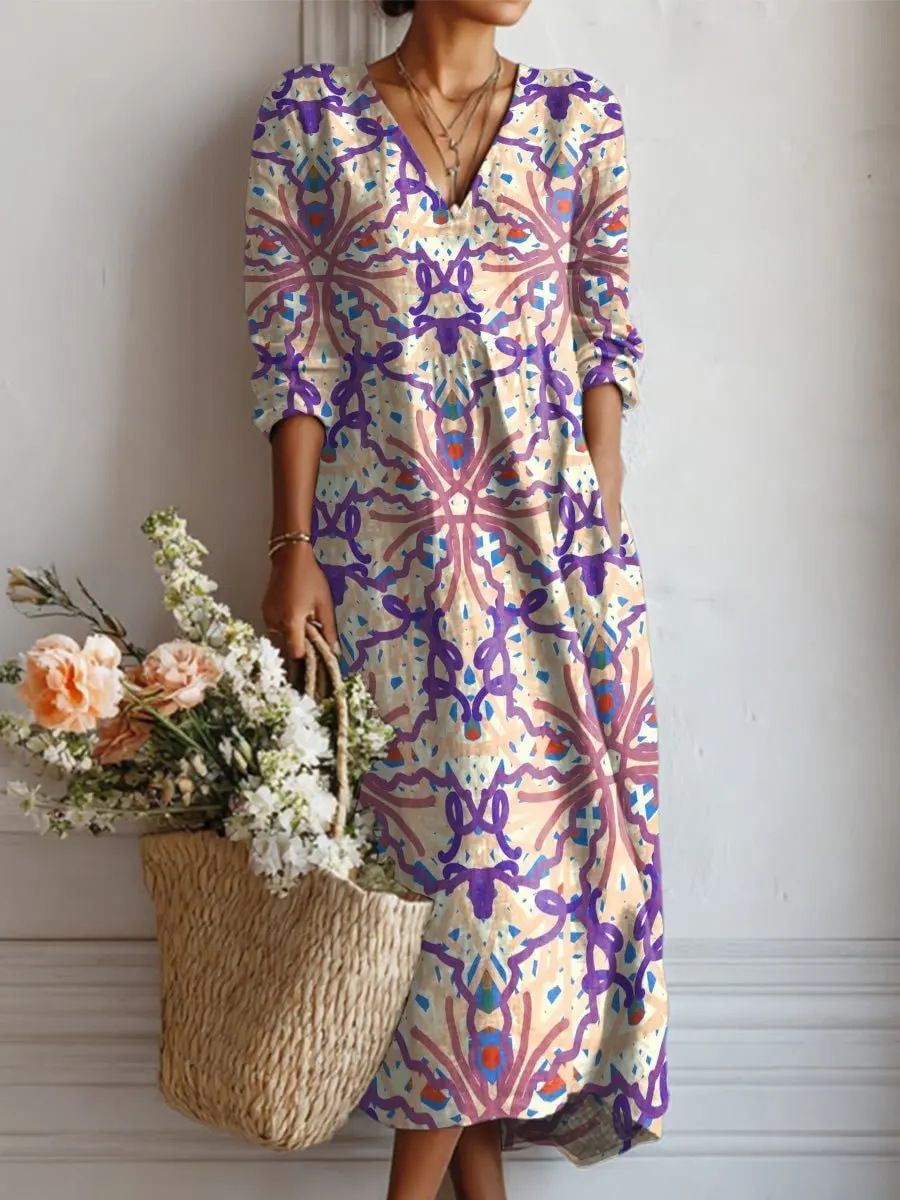 African Women's Vintage Floral Print Maxi Dress V Neck Long Sleeve Loose Casual Kente Dress for Spring
