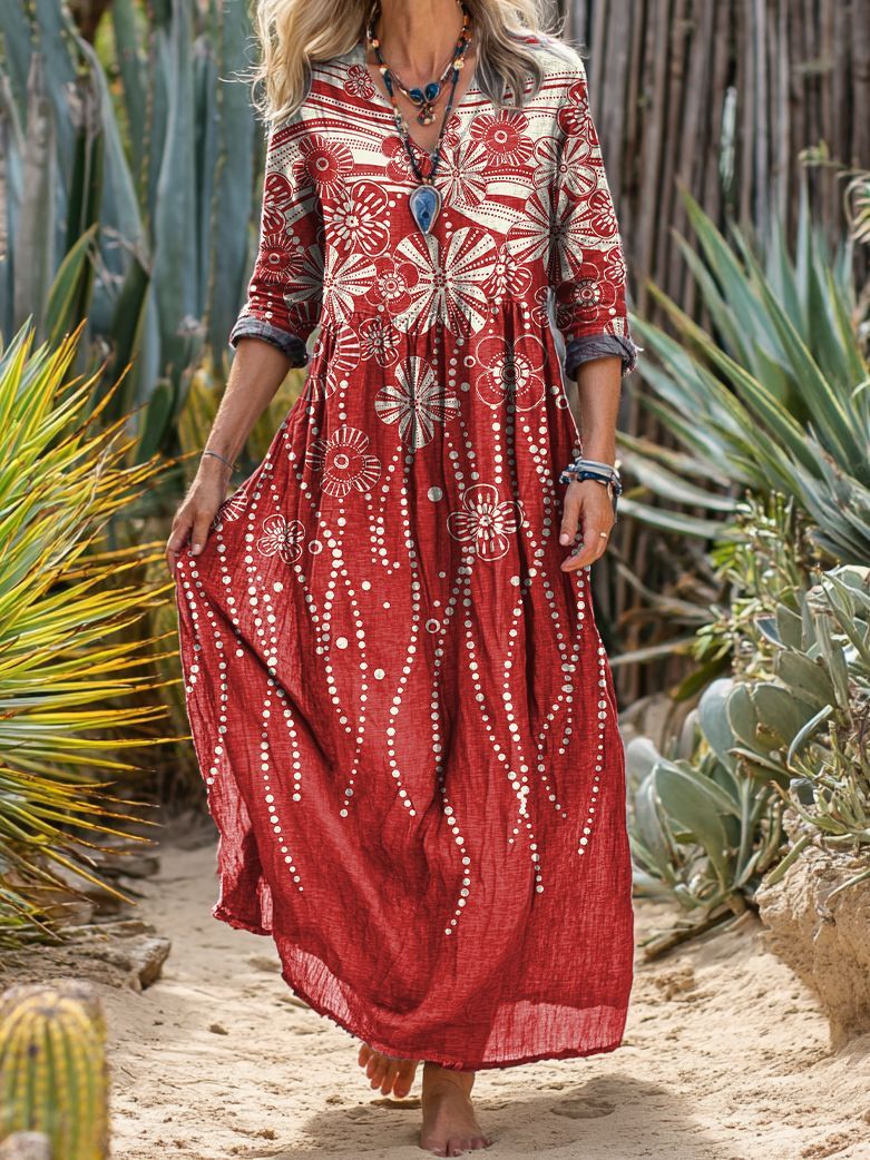 African Women's Vintage Floral Print Maxi Dress V Neck Long Sleeve Loose Casual Kente Dress for Spring