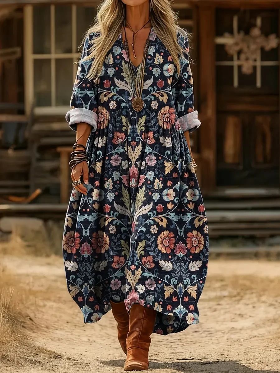 African Women's Vintage Floral Print Maxi Dress V Neck Long Sleeve Loose Casual Kente Dress for Spring