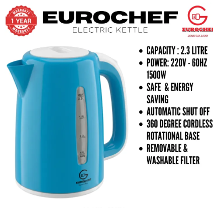 EUROCHEF EC-K06 2.3L Plastic Electric Cordless Kettle Electric Jug for boiling water Kitchen Appliance(1 YR WARRANTY) -PINK BLUE WHITE