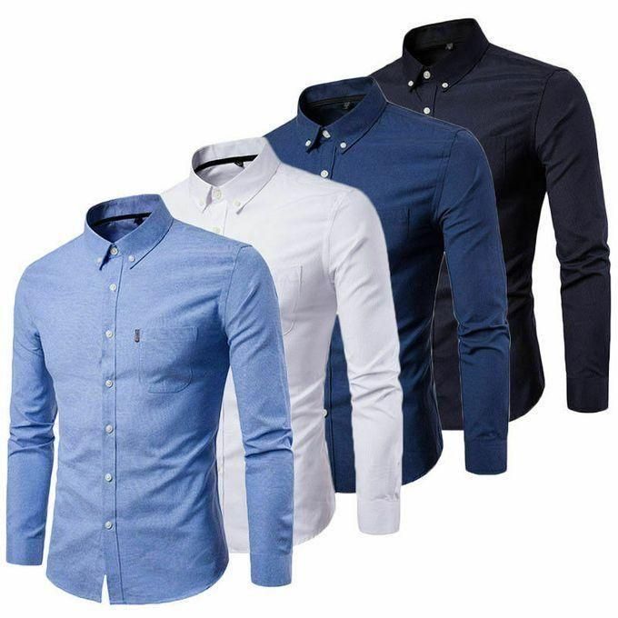 4 Pack Official Men's Long Sleeve Slim Fit Shirts Cotton Formal Office Wear Set – Black, Grey, Blue & Navy Blue Stylish Business Casual Button Down Shirts for Men