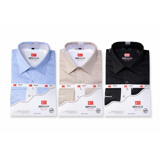 3 Pack Turkey Style Official Men's Long Sleeve Shirts Slim Fit 100% Cotton – Sky Blue, Beige & Black