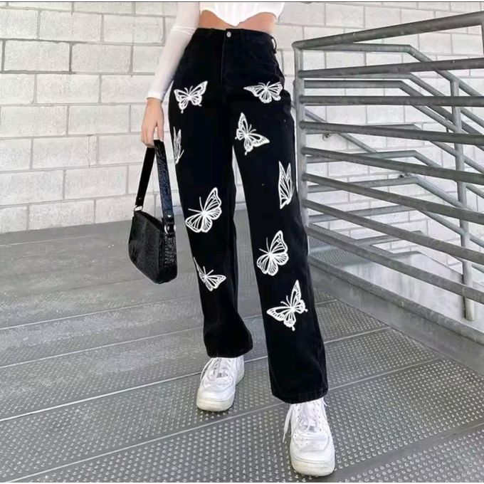 Butterfly Sparkle Mom Jeans Black – Ladies High Waist Mummy Denim Jeans, Women’s Relaxed Fit Straight Leg Stylish Glitter Butterfly Design Soft Durable Fabric Trendy Casual Streetwear Everyday Fashion