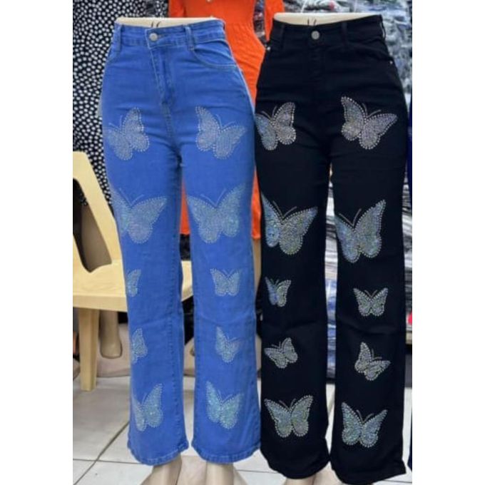 Butterfly Sparkle Mom Jeans Black – Ladies High Waist Mummy Denim Jeans, Women’s Relaxed Fit Straight Leg Stylish Glitter Butterfly Design Soft Durable Fabric Trendy Casual Streetwear Everyday Fashion