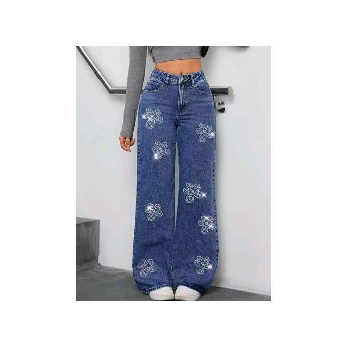 Butterfly Sparkle Mom Jeans Blue – Ladies High Waist Mummy Denim Jeans, Women’s Relaxed Fit Straight Leg Stylish Glitter Butterfly Design Soft Durable Fabric Trendy Casual Streetwear Everyday Fashion