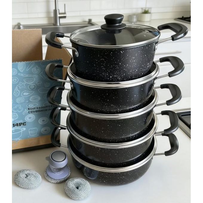 14-Piece Non-Stick Granite Cookware Set – Durable Pots & Pans with Matching Lids, Scratch Resistant Coating Heat Resistant Handles Even Heat Distribution Kitchen Cooking Set for Gas & Electric Stoves