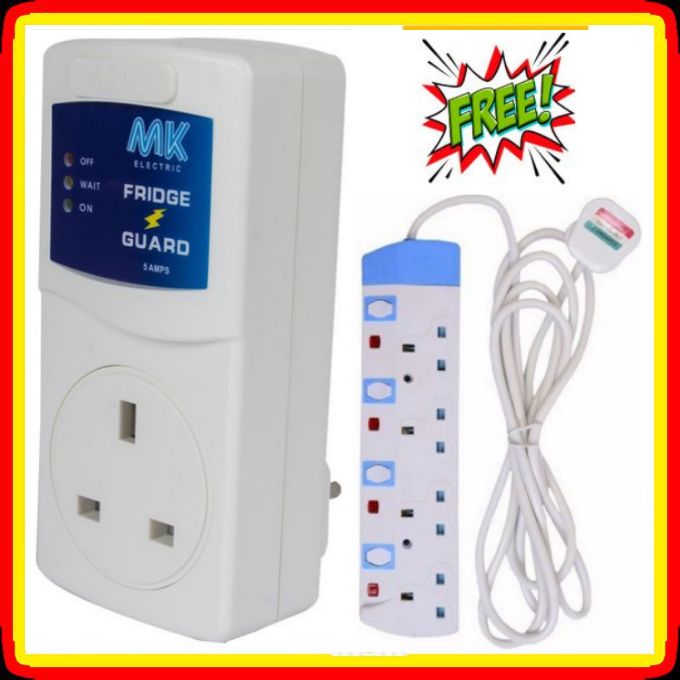 MK Electronics Fridge Guard – Voltage Protector for Refrigerators with Free 4-Way Extension, Automatic Power Protection, Durable White Design Safe Appliance Guard for Home Kitchen Use