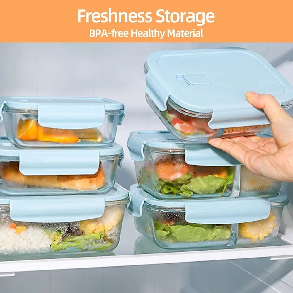Borosilicate Glass Food Storage Containers Set of 3 with Airtight Lids – Leakproof Snap Lock Design, Stackable Fridge Organizer Boxes 410ml 680ml 1040ml for Kitchen Storage & Meal Prep