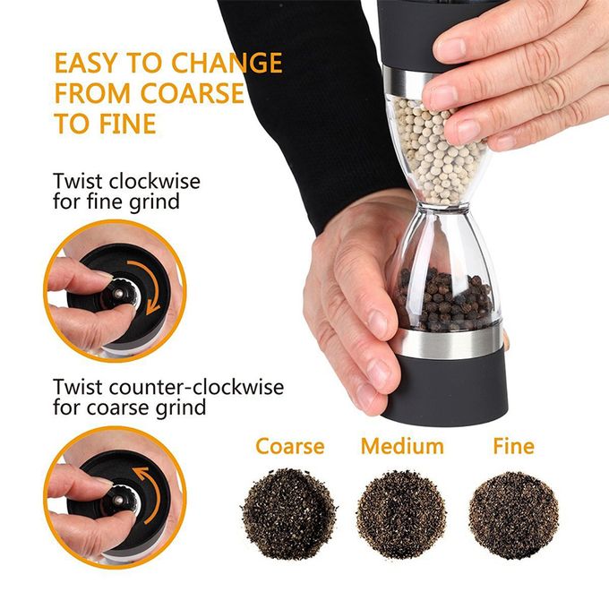 2-in-1 Dual Salt & Pepper Mill Grinder – Manually Adjustable Thickness, Hourglass Design, Spice Grinder for Pepper, Sesame & Other Kitchen Spices, Portable Kitchen Tool