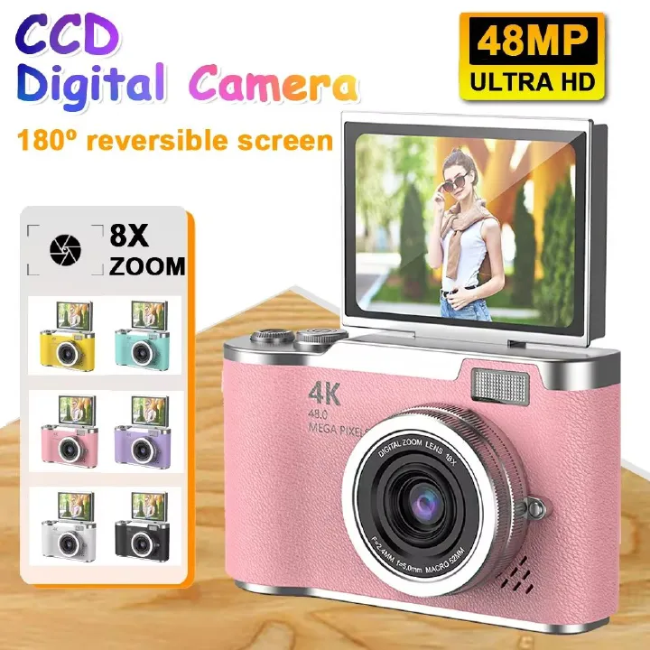 4K CCD 8X Digital Zoom Digital Camera for Student 48MP Compact Digital Photography Camera 180°Flip Screen Selfile Camera RENEAR