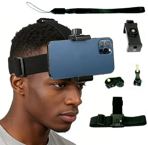 Head-mounted phone holder, suitable for smartphones and action cameras, outdoor live broadcast bracket for first-person video viewing, equipped with a phone clip (6-10cm)