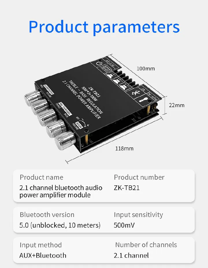 ZK-TB21 Bluetooth 5.0 Subwoofer Digital Amplifier Board 50W*2+100W 2.1 Channel Power Audio Stereo Bass AMP TPA3116D2 HIFI High Fidelity Subwoofer