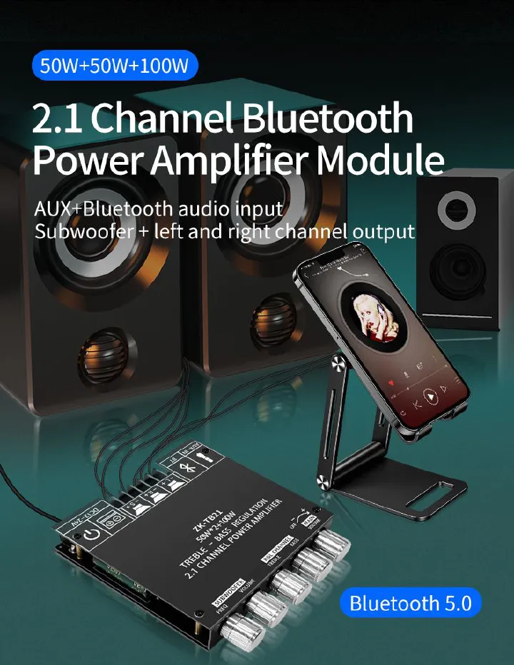 ZK-TB21 Bluetooth 5.0 Subwoofer Digital Amplifier Board 50W*2+100W 2.1 Channel Power Audio Stereo Bass AMP TPA3116D2 HIFI High Fidelity Subwoofer