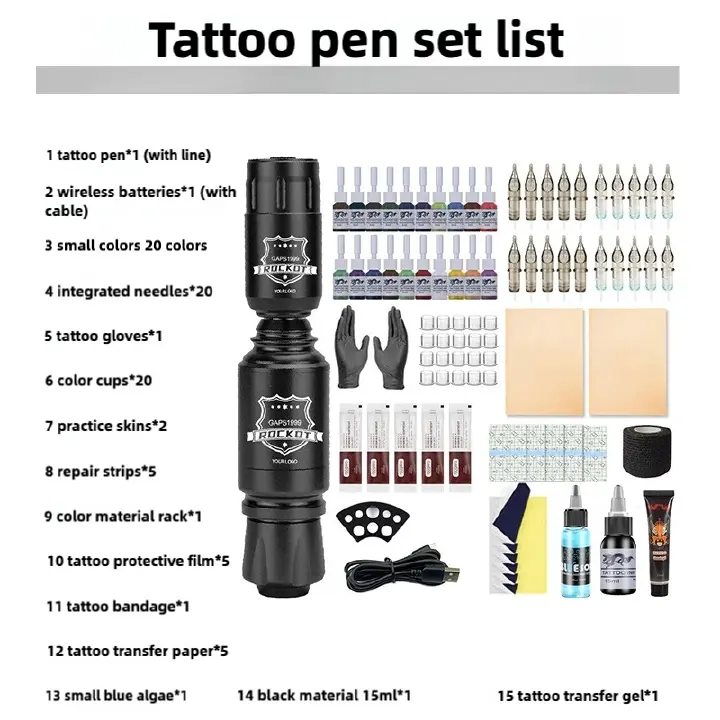Portable Wireless Tattoo Pen Kit - Professional Tattoo Machine Kit- Rotary Machine for Lining, Shading & Practice - Complete Tattooing Supplies Set