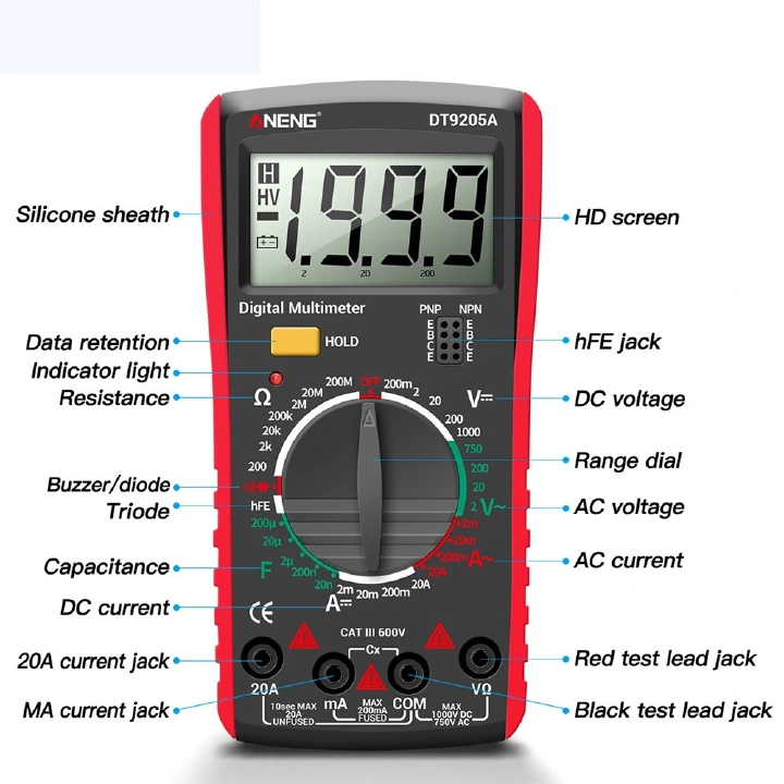 DT9205A Newly Digital True RMS Professional Multimeter AC/DC Current Tester HFE Ohm Capacitor Voltage Meter Detector Tool