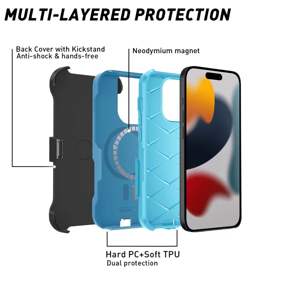 MagSafe, Shock Resistant iPhone 13 phone case + Detachable Belt Clip (2-in-1) and In-built dust plugs