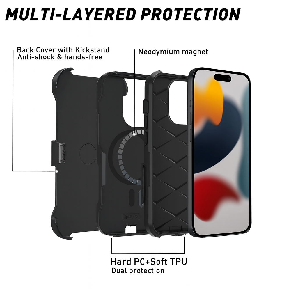 MagSafe, Shock Resistant iPhone 13 phone case + Detachable Belt Clip (2-in-1) and In-built dust plugs