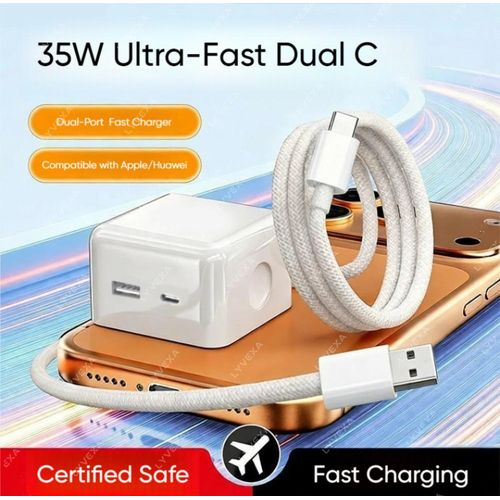 35W Dual Port Fast Charger Set With Cable Safe Charging UK Plug For iPhone 15 16 Samsung Type-C/USB-C Devices
