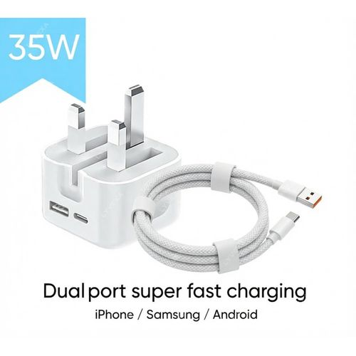 35W Dual Port Fast Charger Set With Cable Safe Charging UK Plug For iPhone 15 16 Samsung Type-C/USB-C Devices
