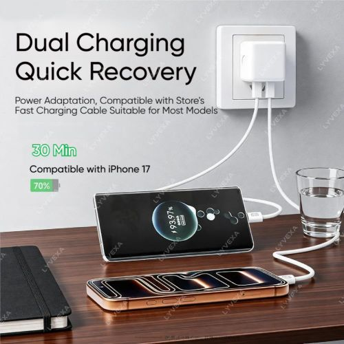 35W Dual Port Fast Charger Set With Cable Safe Charging UK Plug For iPhone 15 16 Samsung Type-C/USB-C Devices