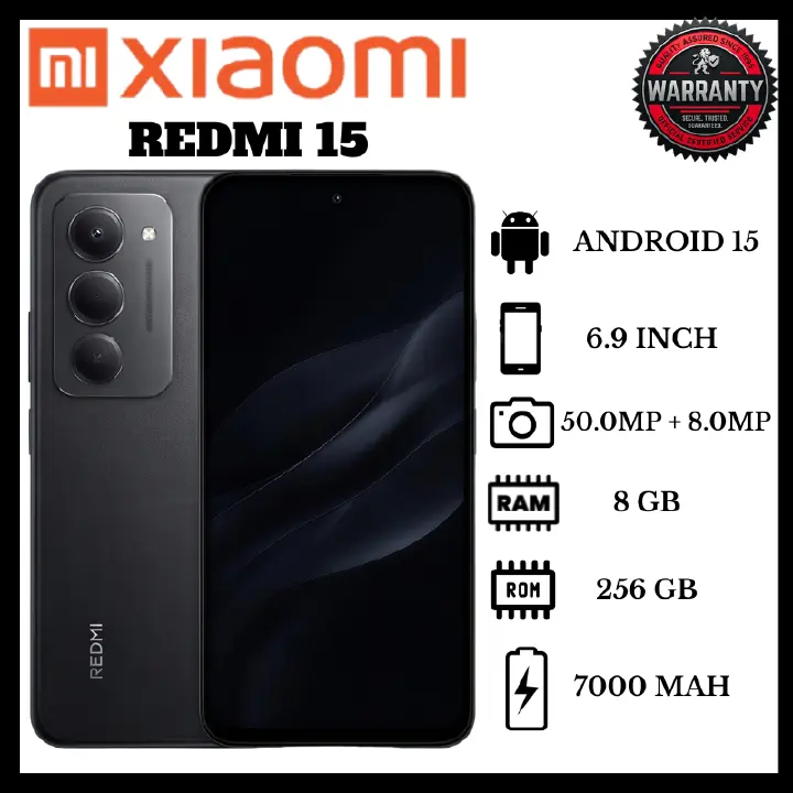 Redmi 15 8GB RAM 256GB Storage Upto 16GB RAM 6.9 Inch 144Hz Display 7000mAh Battery 50MP Camera 33W Fast Charging HyperOS Android 15 IP64 Royale Chrome Best High-Capacity Smartphones Latest Phones