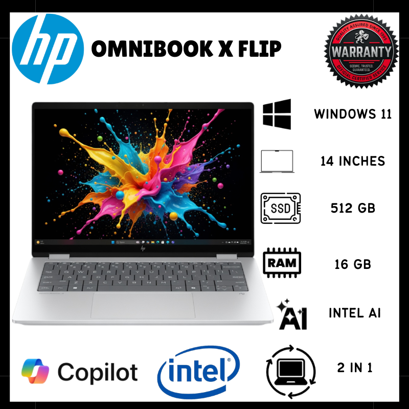 HP Omnibook X Flip Ultra 5 16GB RAM 512GB SSD 1.38Kg Backlit Keyboard Notebooks 14 Inch 2K IPS Touchscreen Display Laptop Intel Core Ultra 5 226V Processor Intel Arc 130V Graphics 59Wh Battery Laptops