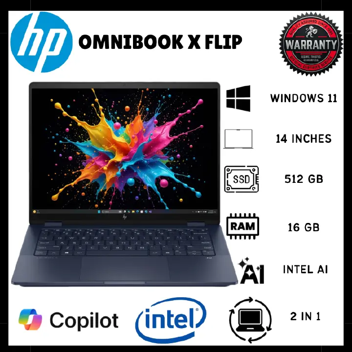 HP Omnibook X Flip Ultra 5 16GB RAM 512GB SSD 1.38Kg Backlit Keyboard Notebooks 14 Inch 2K IPS Touchscreen Display Laptop Intel Core Ultra 5 226V Processor Intel Arc 130V Graphics 59Wh Battery Laptops