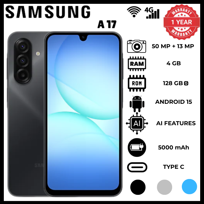 Samsung A17 4GB RAM 128GB ROM 5000 Mah 25w Charging Android 15 Phones 6.7 Inch Super Amoled 90hz Smartphones Ip54 7.5mm Microsdxc Phone Exynos 1330 Octa Core 50MP Wide Rear Camera Smartphones