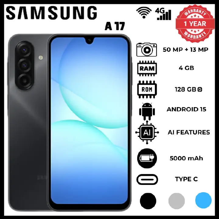 Samsung A17 4GB RAM 128GB ROM 5000 Mah 25w Charging Android 15 Phones 6.7 Inch Super Amoled 90hz Smartphones Ip54 7.5mm Microsdxc Phone Exynos 1330 Octa Core 50MP Wide Rear Camera Smartphones