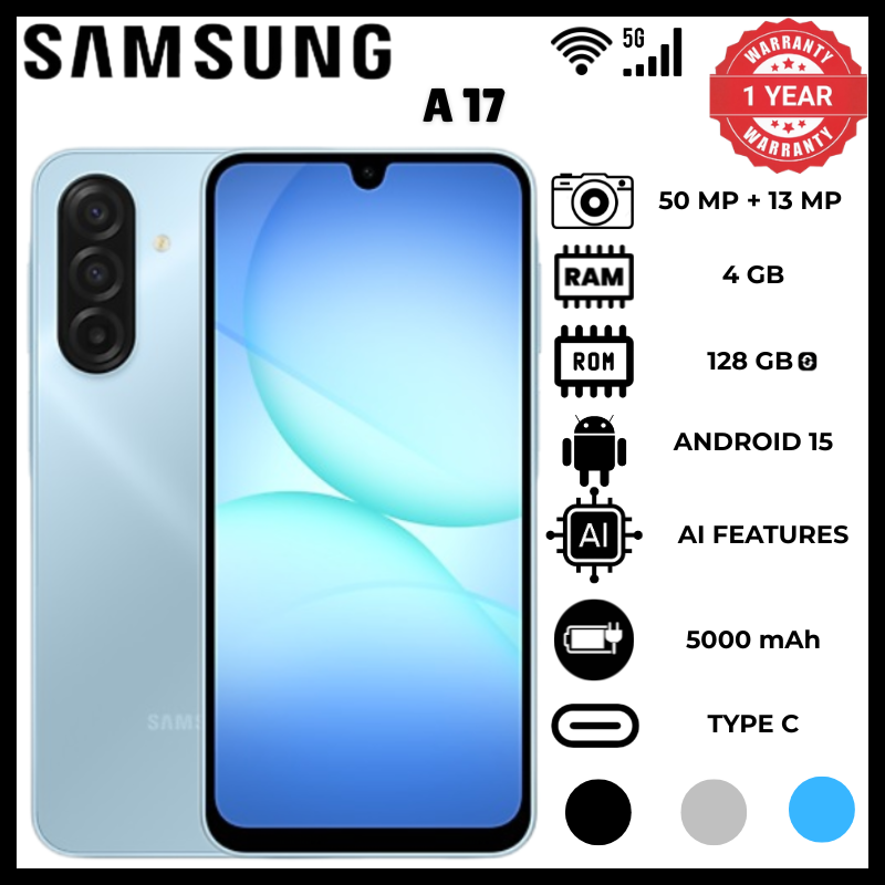 Samsung A17 4GB RAM 128GB ROM 5000 Mah 25w Charging Android 15 Phones 6.7 Inch Super Amoled 90hz Smartphones Ip54 7.5mm Microsdxc Phone Exynos 1330 Octa Core 50MP Wide Rear Camera Smartphones