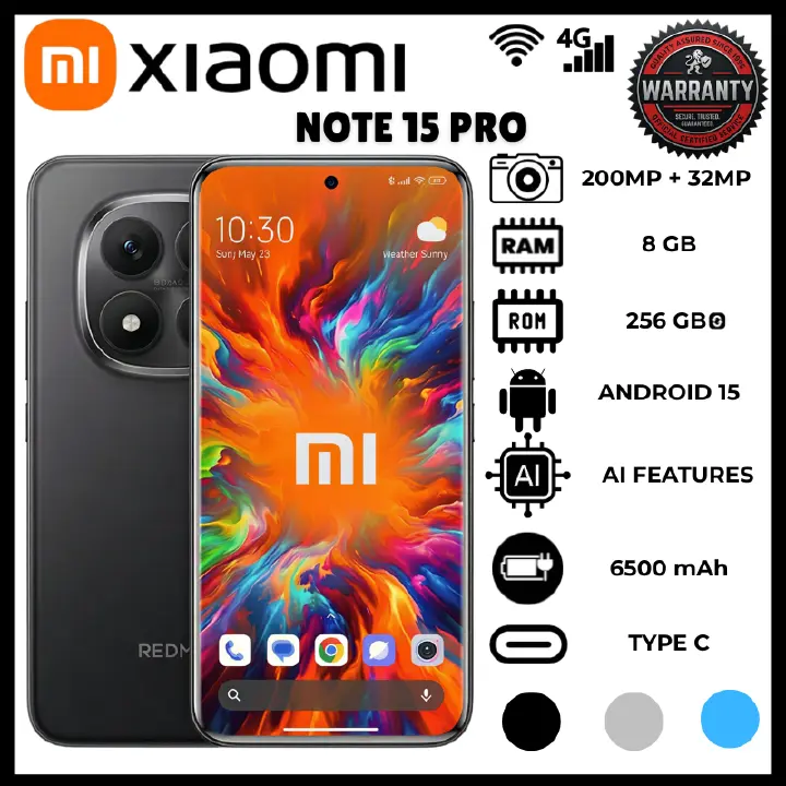 Xiaomi Redmi Note 15 Pro 8GB RAM 256GB ROM 6.77 Inch Amoled 120Hz Display Phones 6500Mah Battery MediaTek Helio G200 Ultra Processor Phone 200Mp Rear Camera Ois 32Mp Front Camera 1080P Smartphones