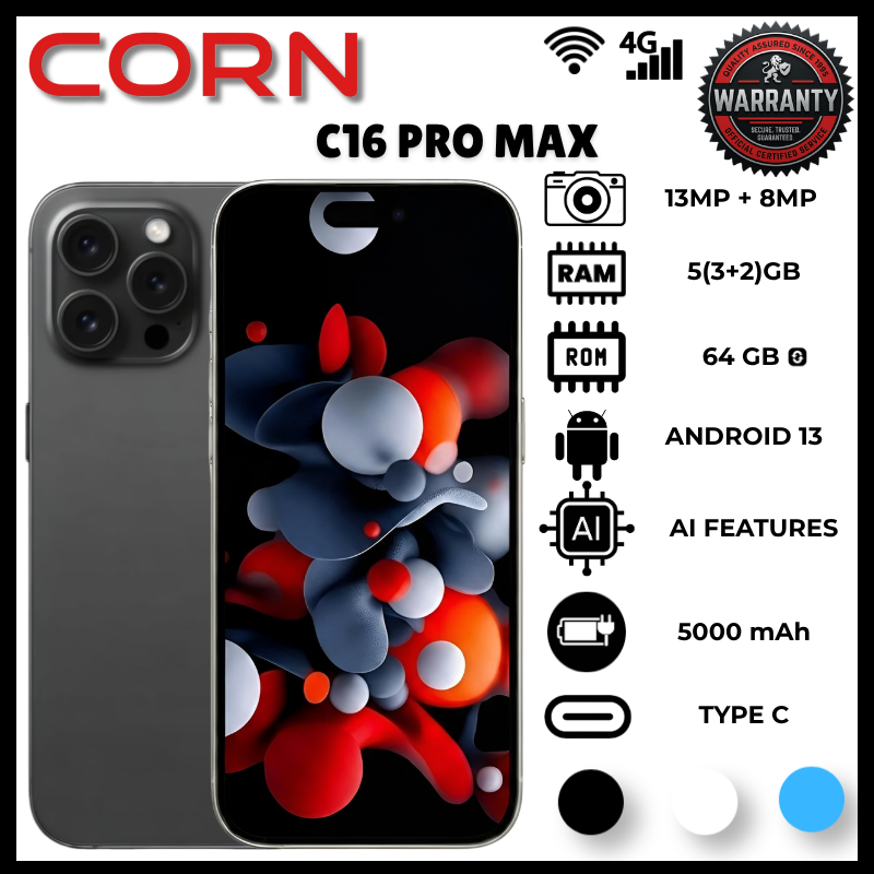 Corn C16 Pro Max 64GB Storage +5(2+3Extended) RamUnlocked Cell Phone, Android 6.6"HD +WATERDROP SCREEN 13MP Main Camera,8mp Front camera 5000mAh Dual SIM, Face ID, GPS Smartphone Smart Phone