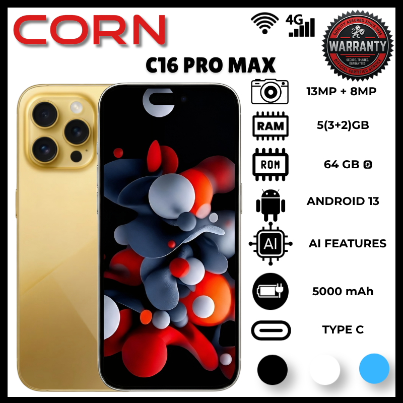 Corn C16 Pro Max 64GB Storage +5(2+3Extended) RamUnlocked Cell Phone, Android 6.6"HD +WATERDROP SCREEN 13MP Main Camera,8mp Front camera 5000mAh Dual SIM, Face ID, GPS Smartphone Smart Phone