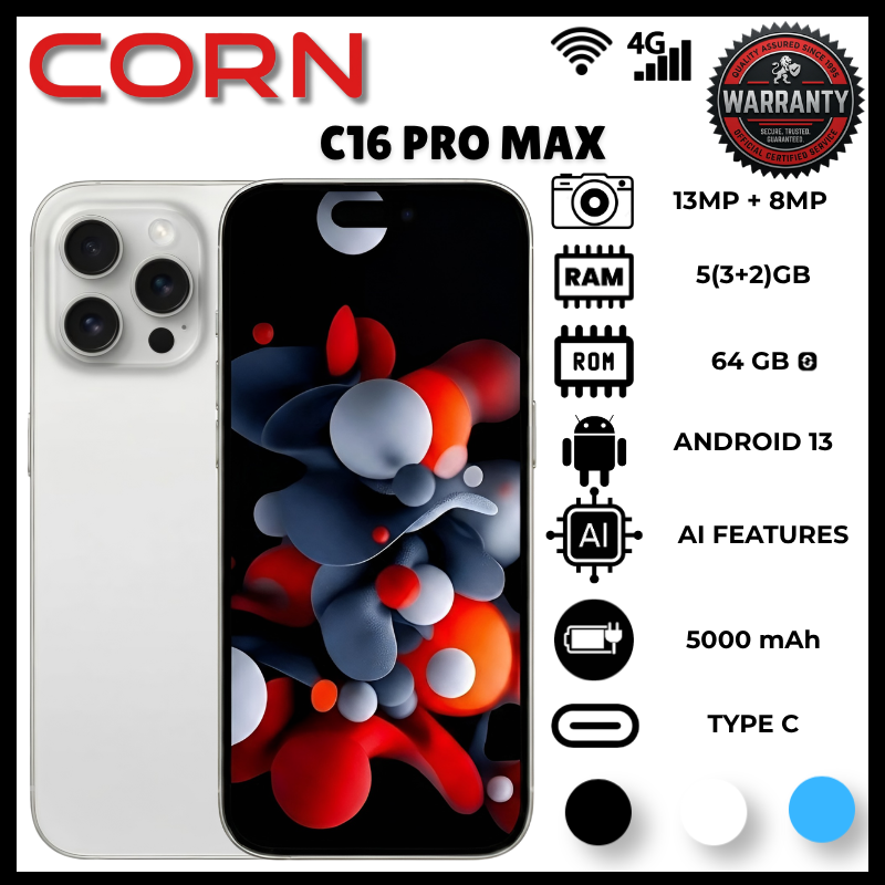 Corn C16 Pro Max 64GB Storage +5(2+3Extended) RamUnlocked Cell Phone, Android 6.6"HD +WATERDROP SCREEN 13MP Main Camera,8mp Front camera 5000mAh Dual SIM, Face ID, GPS Smartphone Smart Phone